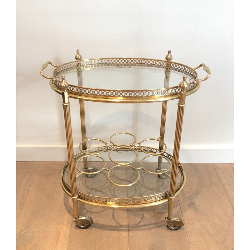 Vintage oval brass serving table on wheels by Jansen, 1940