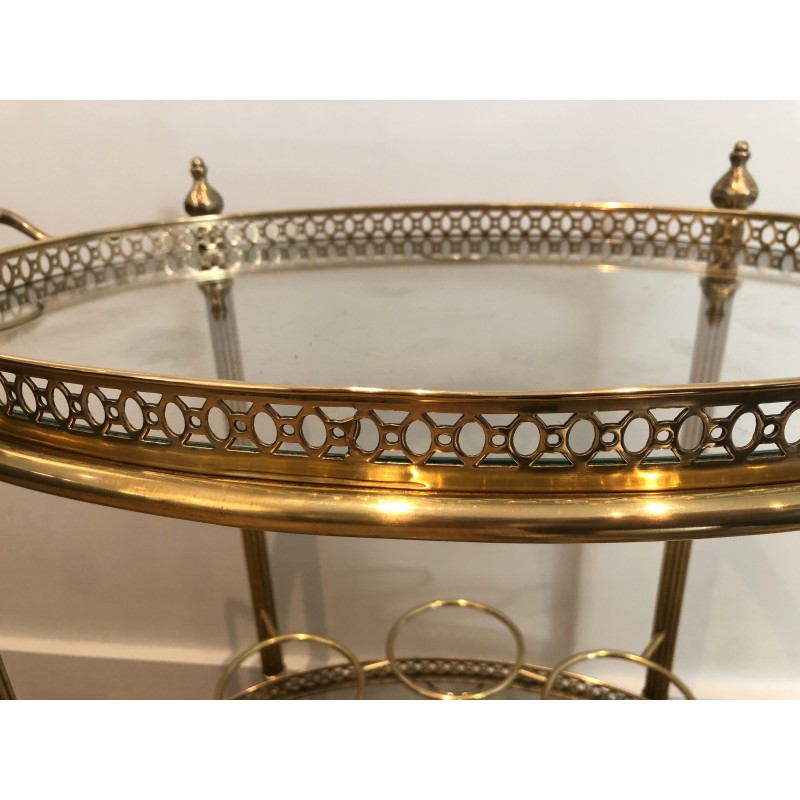 Vintage oval brass serving table on wheels by Jansen, 1940