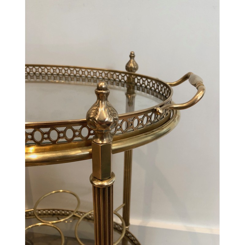 Vintage oval brass serving table on wheels by Jansen, 1940