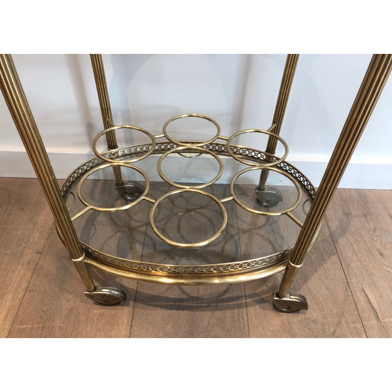 Vintage oval brass serving table on wheels by Jansen, 1940