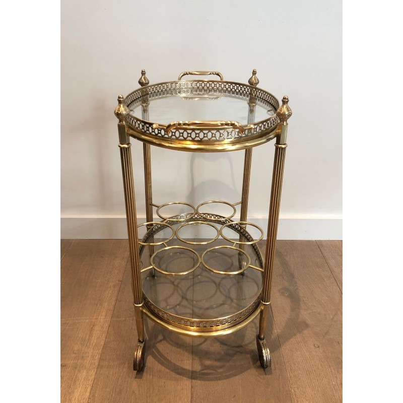Vintage oval brass serving table on wheels by Jansen, 1940