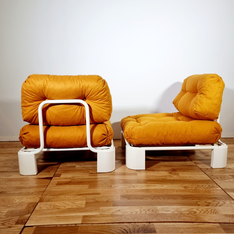 Paire de fauteuils pop vintage en métal et tissu orange, 1970