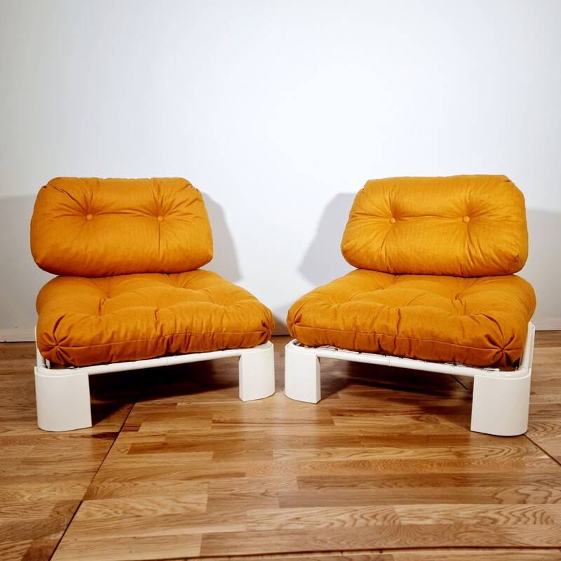 Pair of vintage pop armchairs in metal and orange fabric, 1970