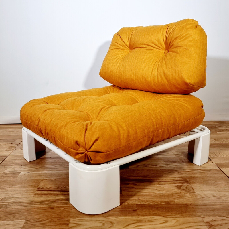 Pair of vintage pop armchairs in metal and orange fabric, 1970