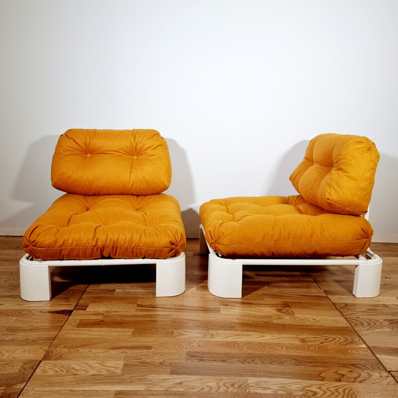 Paire de fauteuils pop vintage en métal et tissu orange, 1970