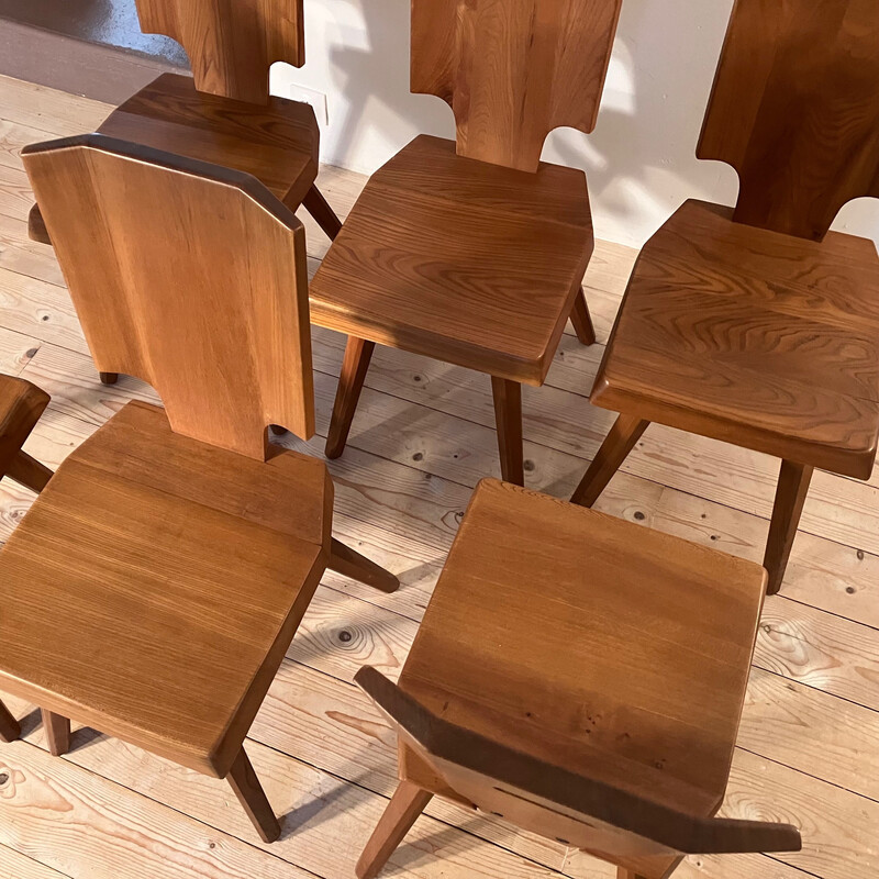 Conjunto de 6 cadeiras de olmo maciço S.28.A, de Pierre Chapo, 1970