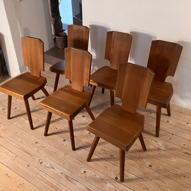 Set of 6 vintage S.28.A solid elmwood chairs by Pierre Chapo, 1970