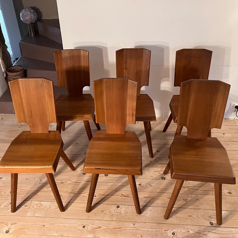 Conjunto de 6 sillas vintage de olmo macizo S.28.A de Pierre Chapo, 1970