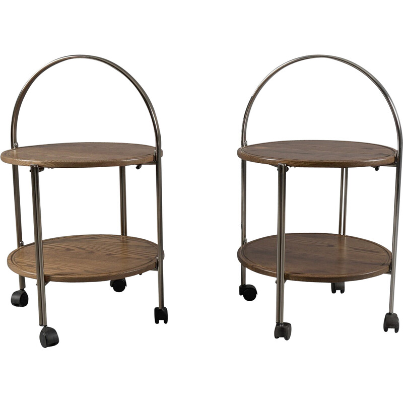 Pair of vintage oakwood and chrome folding serving trolleys, 1970s