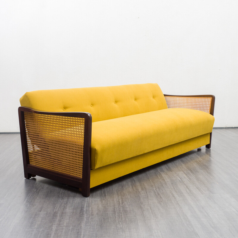 Vintage sofa in beechwood, viennese wicker and yellow fabric, 1950s