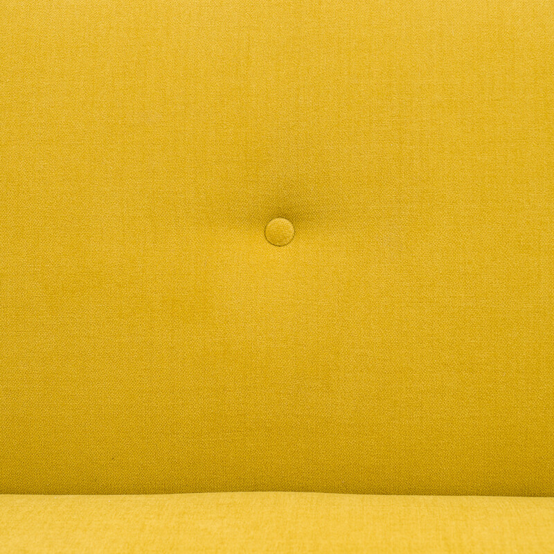 Sofá vintage de haya, mimbre vienés y tela amarilla, años 50