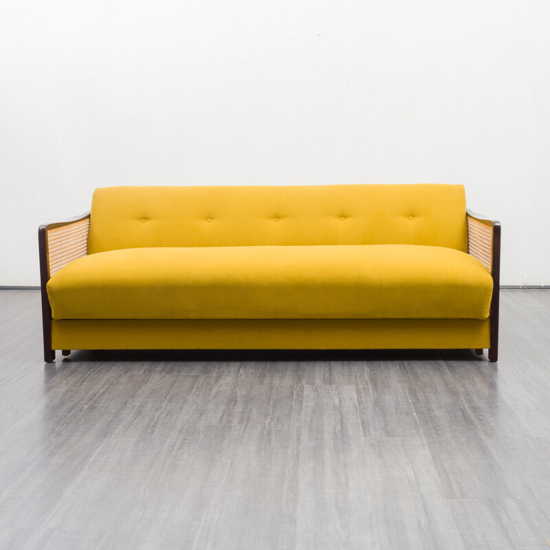 Vintage sofa in beechwood, viennese wicker and yellow fabric, 1950s