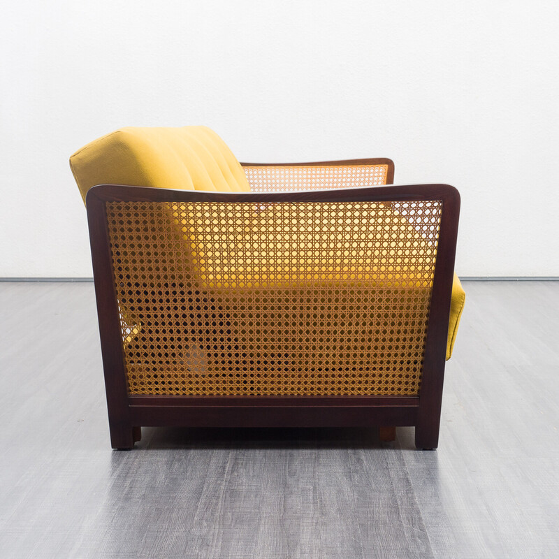 Vintage sofa in beechwood, viennese wicker and yellow fabric, 1950s