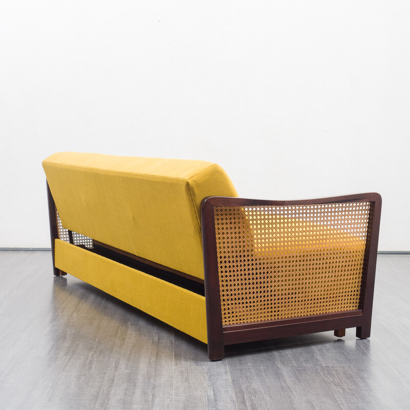 Vintage sofa in beechwood, viennese wicker and yellow fabric, 1950s