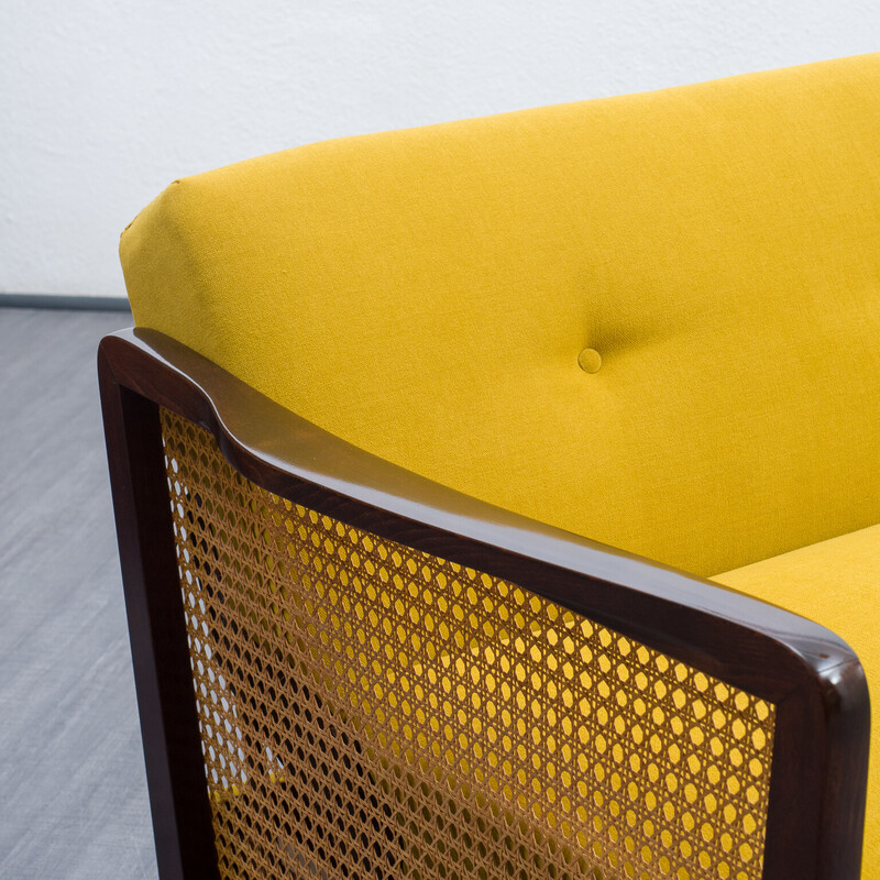 Vintage sofa in beechwood, viennese wicker and yellow fabric, 1950s