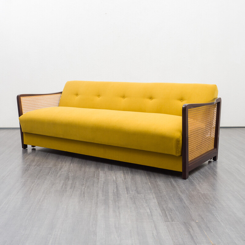 Vintage sofa in beechwood, viennese wicker and yellow fabric, 1950s