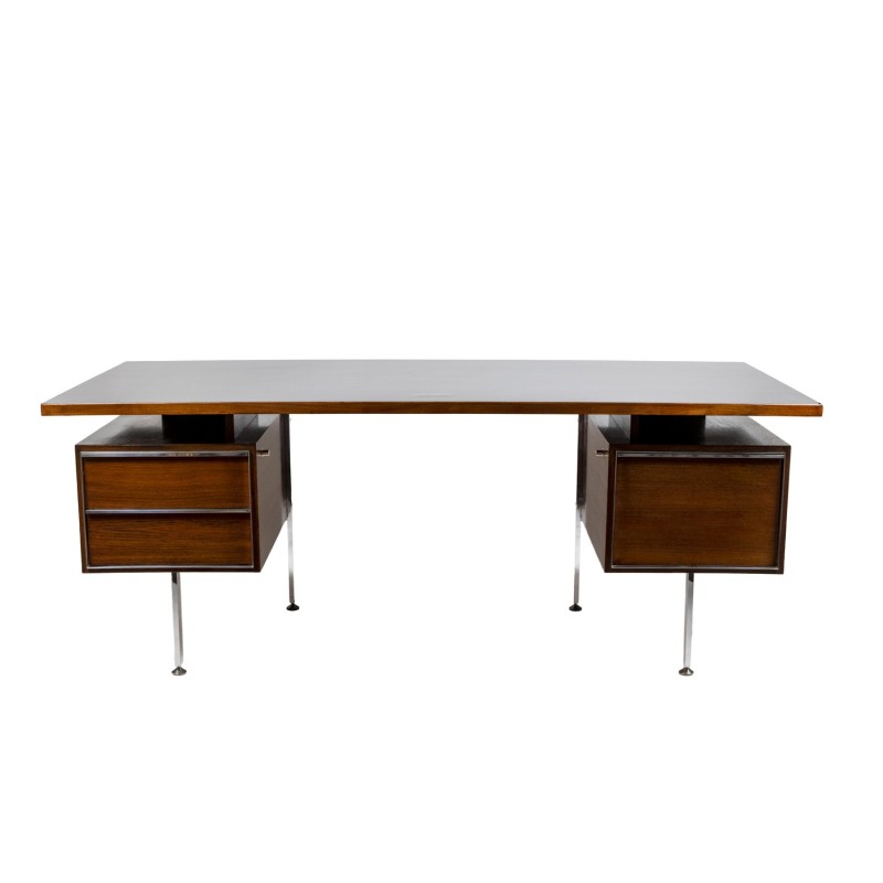 Vintage teak and chrome metal ministerial desk, 1970s