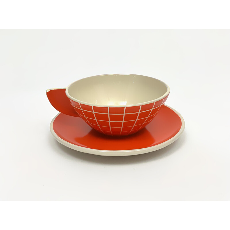 Servicio de té vintage en rojo coral de Dante Baldelli para Rometti, Italia años 40