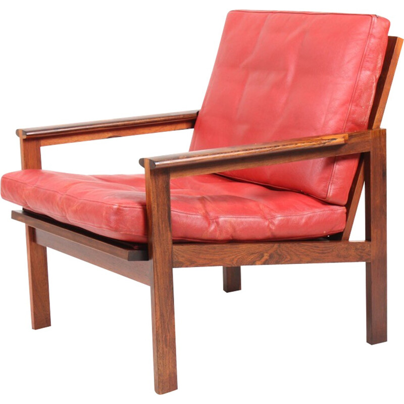 Red "Capella" armchair in rosewood and leather by Illum Wikkelsø for Eilersen - 1960s