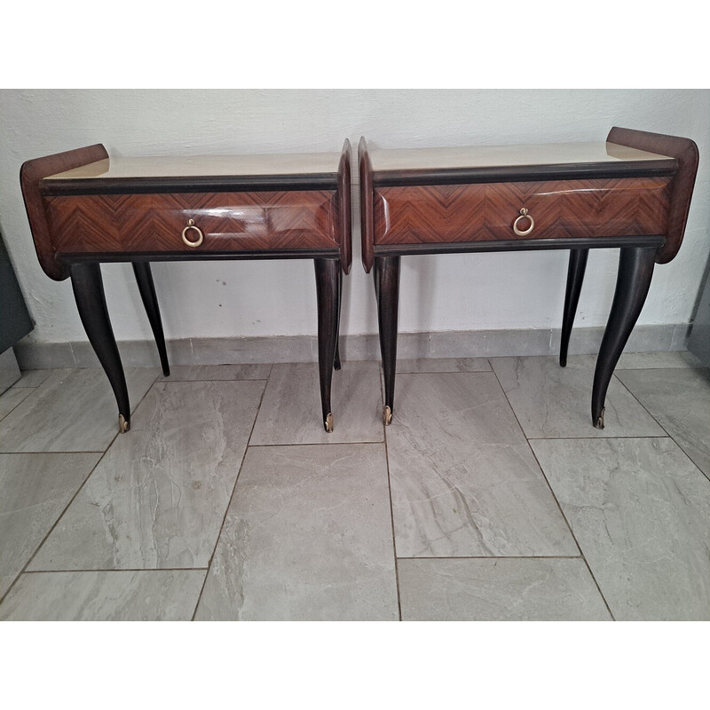 Pair of vintage Mcm night stands in wood, metal and brass, Italy 1950s