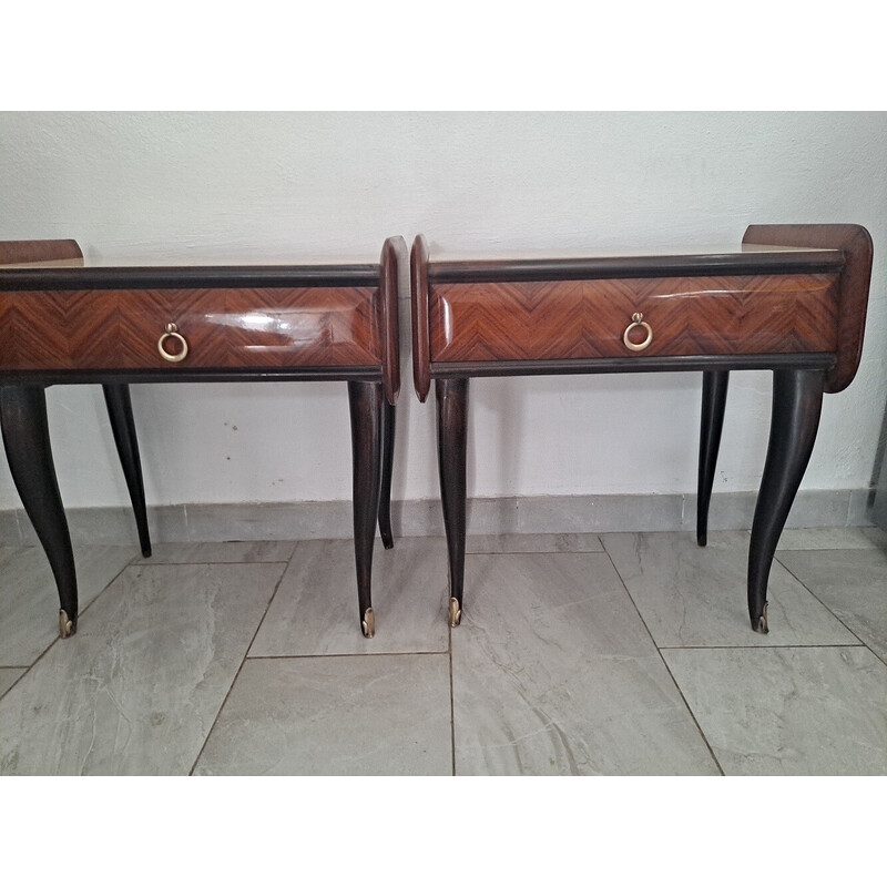 Paire de tables de chevet vintage Mcm en bois, métal et laiton, Italie 1950