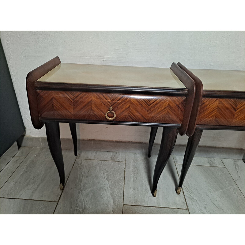 Par de mesas de cabeceira de Mcm vintage em madeira, metal e latão, Itália 1950