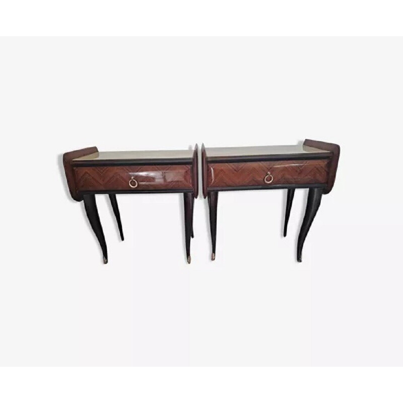Pair of vintage Mcm night stands in wood, metal and brass, Italy 1950s