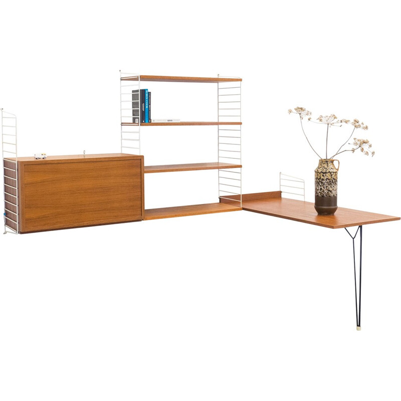 String Design AB white wall unit in teak and metal by Nisse & Kajsa Strinning - 1950s