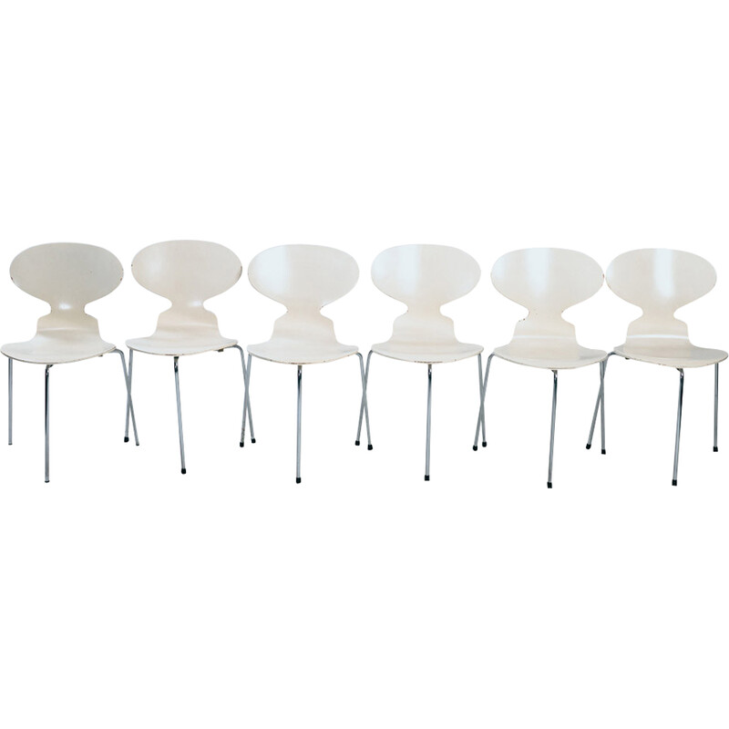 Conjunto de 6 cadeiras de formiga branca vintage de Arne Jacobsen para Fritz Hansen, 1981