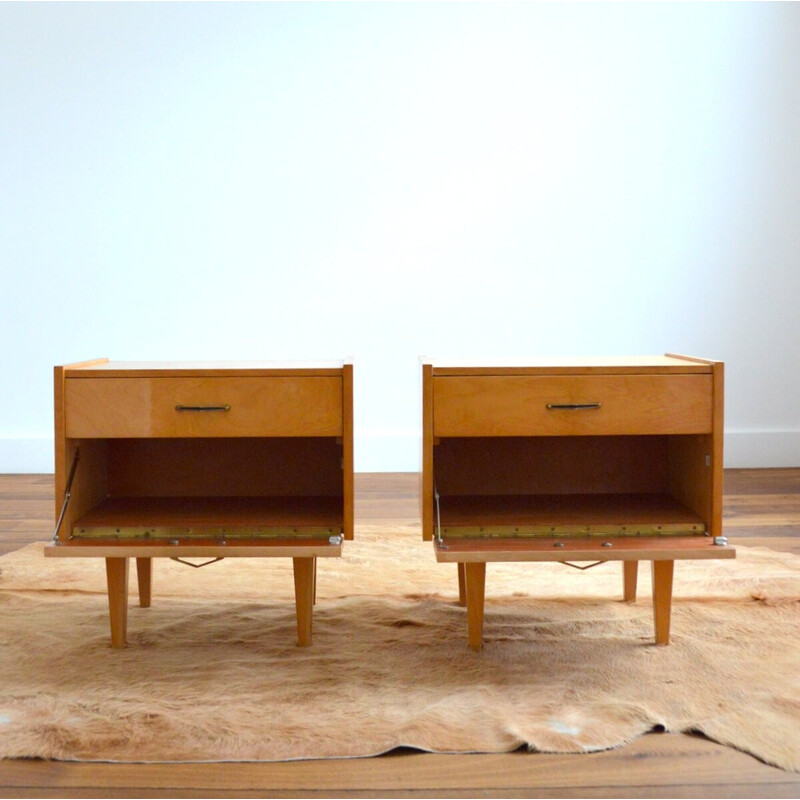 Vintage-Nachttischpaar aus Holz und Messing, 1950-1960
