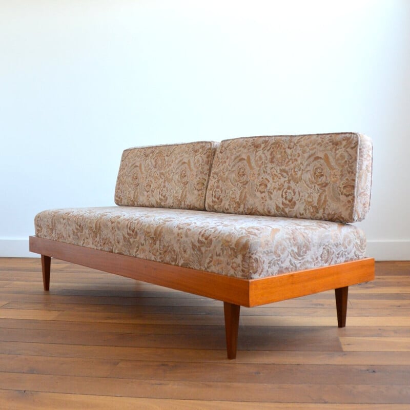 Canapé-lit vintage scandinave en teck, ressorts et laine, 1960