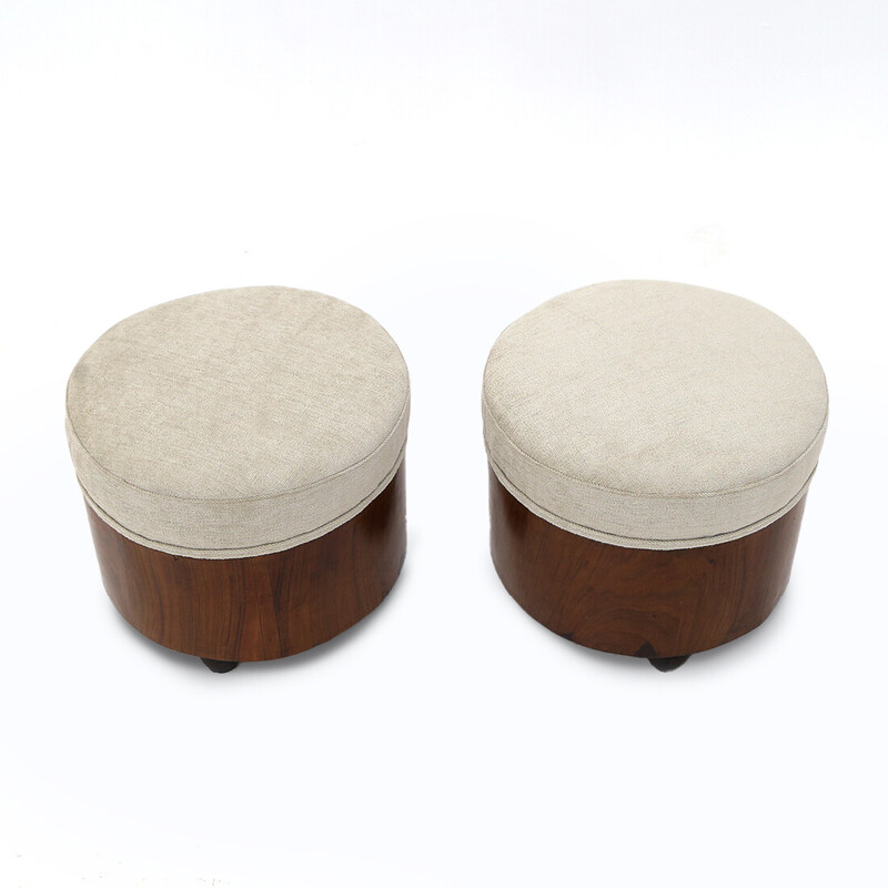 Paar Vintage-Poufs mit kugelförmigen Beinen aus mit Bruyère furniertem Holz, 1930er Jahre