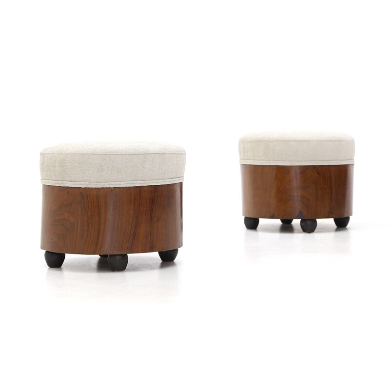 Pair of vintage poufs with spherical legs in briar veneered wood, Italy 1930s