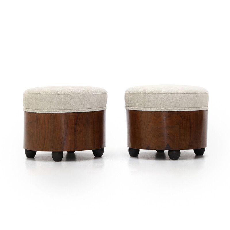 Coppia di pouf vintage con gambe sferiche in legno impiallacciato di radica, anni '30