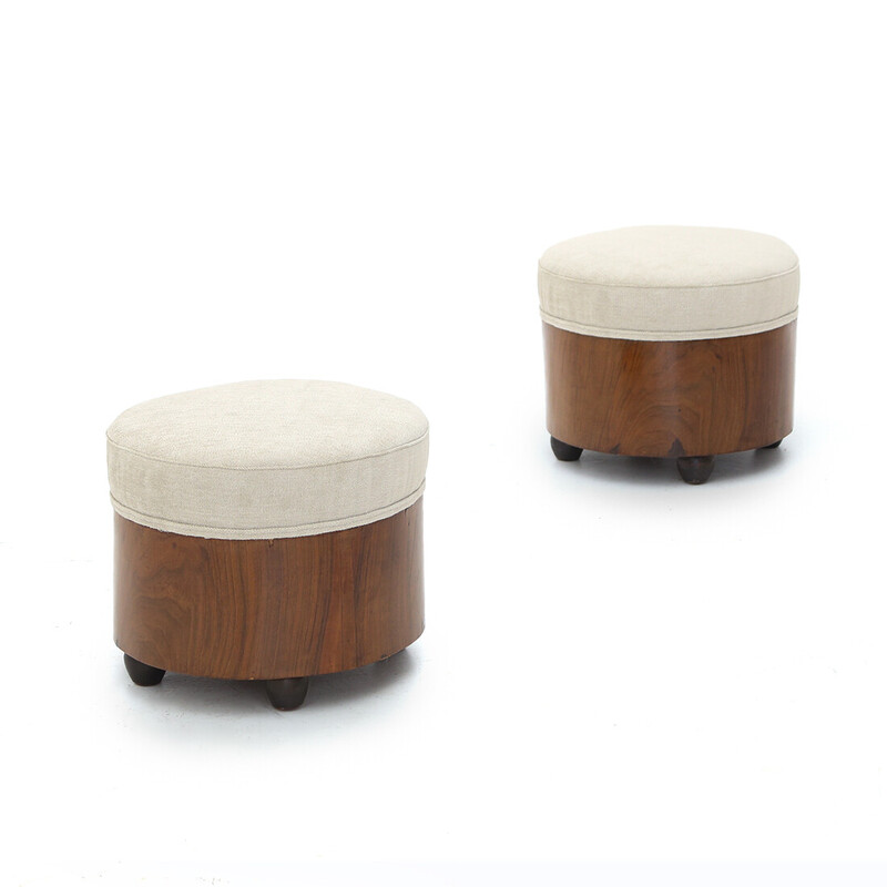 Coppia di pouf vintage con gambe sferiche in legno impiallacciato di radica, anni '30