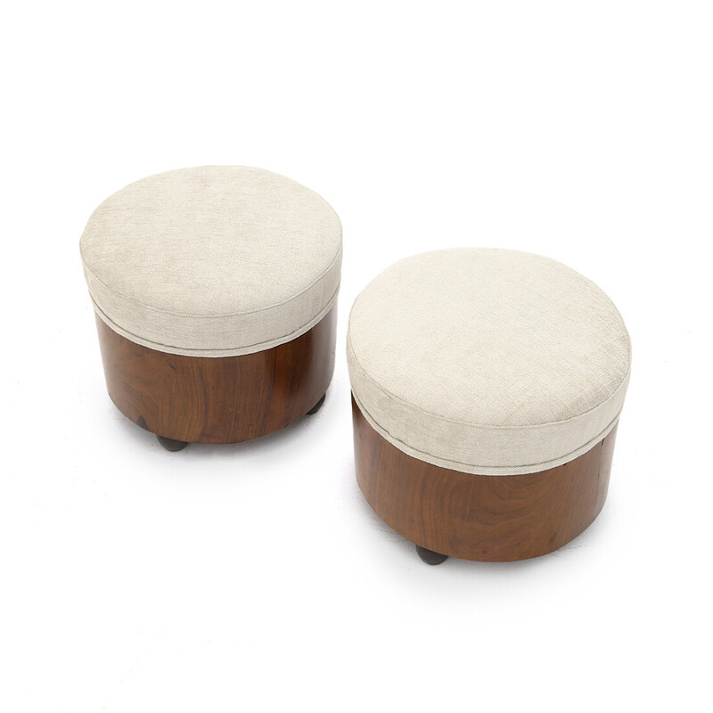 Coppia di pouf vintage con gambe sferiche in legno impiallacciato di radica, anni '30