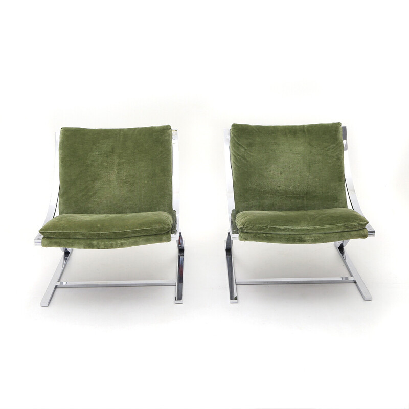 Vintage paar Zeta fauteuils in verchroomd metaal en groen fluweel van Paul Tuttle voor Strassle international, jaren 1970
