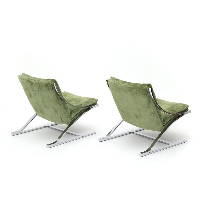Paire de fauteuils vintage Zeta en métal chromé et velours vert par Paul Tuttle pour Strassle international, 1970
