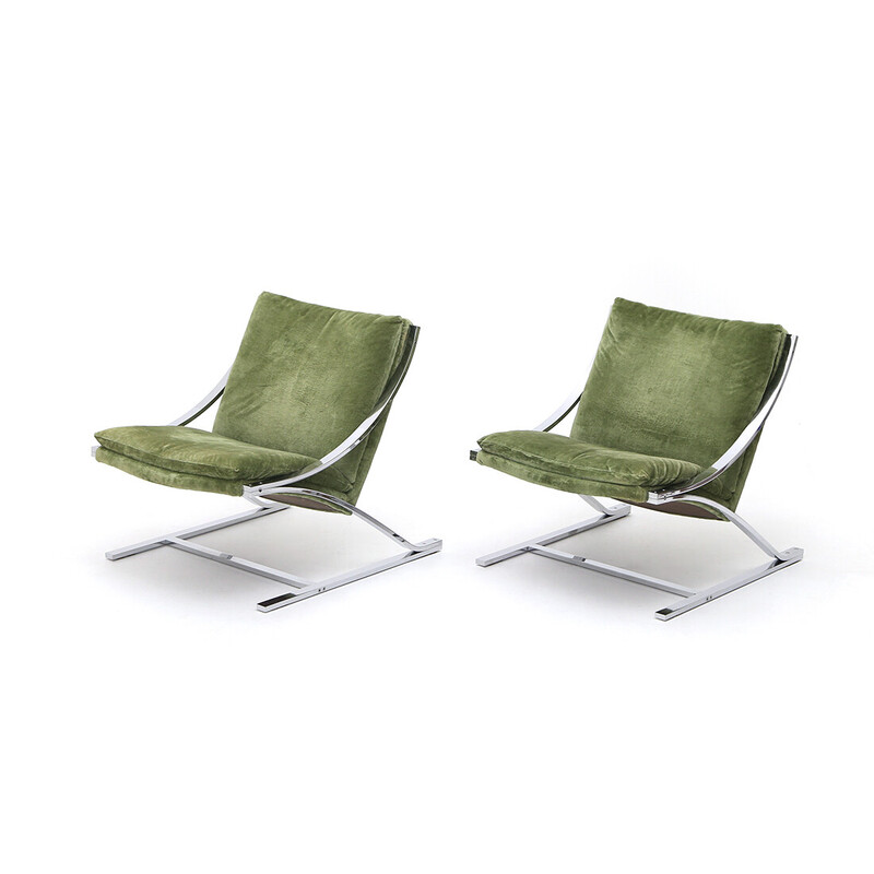 Pair of vintage Zeta armchairs in chromed metal and green velvet by Paul Tuttle for Strassle international, 1970s