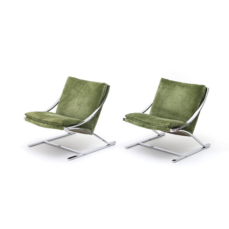 Pareja vintage de sillones Zeta de metal cromado y terciopelo verde de Paul Tuttle para Strassle international, años 70