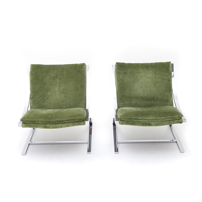Pair of vintage Zeta armchairs in chromed metal and green velvet by Paul Tuttle for Strassle international, 1970s