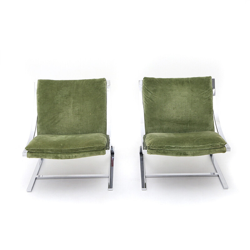 Paire de fauteuils vintage Zeta en métal chromé et velours vert par Paul Tuttle pour Strassle international, 1970