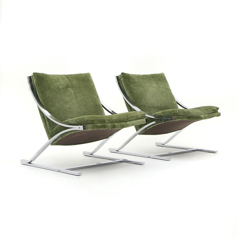 Paire de fauteuils vintage Zeta en métal chromé et velours vert par Paul Tuttle pour Strassle international, 1970