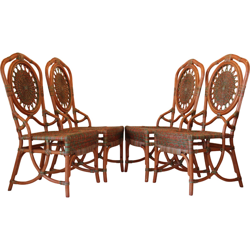 Conjunto de 4 cadeiras de jantar rattan vintage, década de 1960