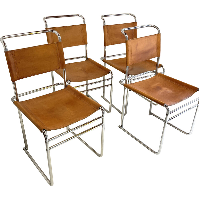 Lot de 4 chaises vintage en cuir marron de Marcel Breuer pour Thonet
