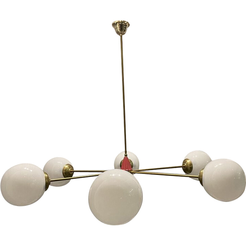 Vintage Sputnik chandelier in brass and opaline glass, Italy 1970