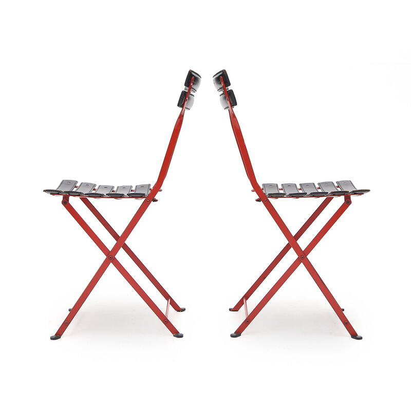 Pair of vintage "Celestina" folding chairs in red metal and black leather by Marco Zanuso for Zanotta, 1970s