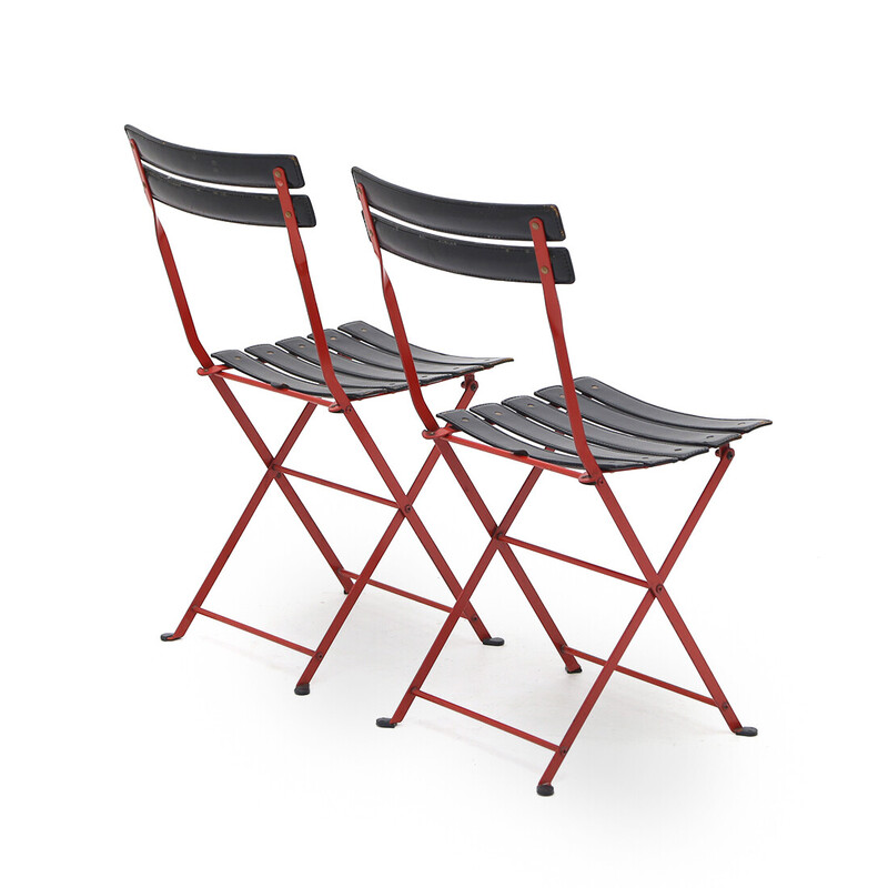 Pair of vintage "Celestina" folding chairs in red metal and black leather by Marco Zanuso for Zanotta, 1970s