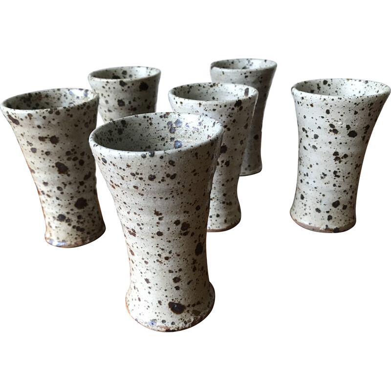 Set of 6 vintage stoneware cups by Gustave Tiffoche, 1960-1970