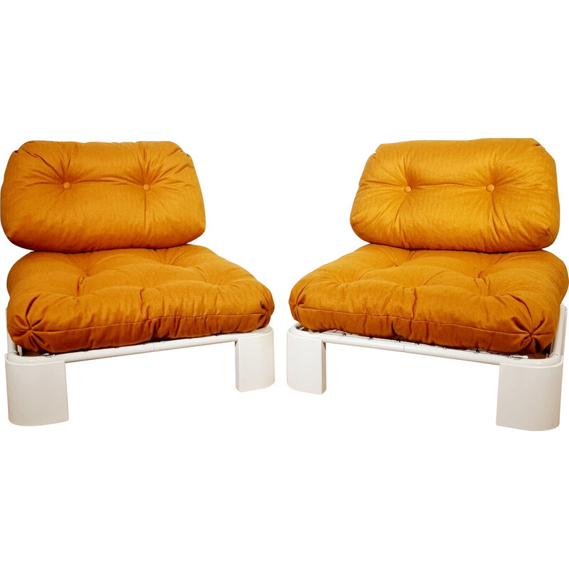 Pair of vintage pop armchairs in metal and orange fabric, 1970